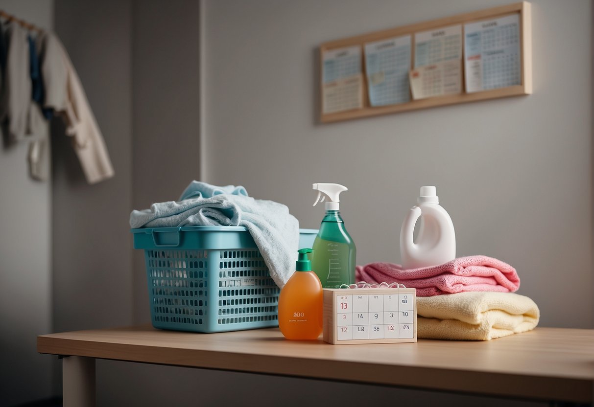 A laundry room with a pile of baby clothes and a bottle of baby detergent, with a calendar on the wall marking the child's age milestones