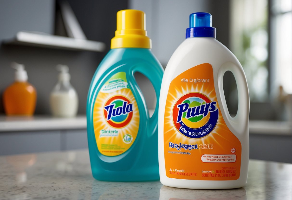 A bottle of baby detergent sits next to a bottle of regular detergent. The baby detergent is gradually being replaced by the regular detergent as the preferred choice for laundry