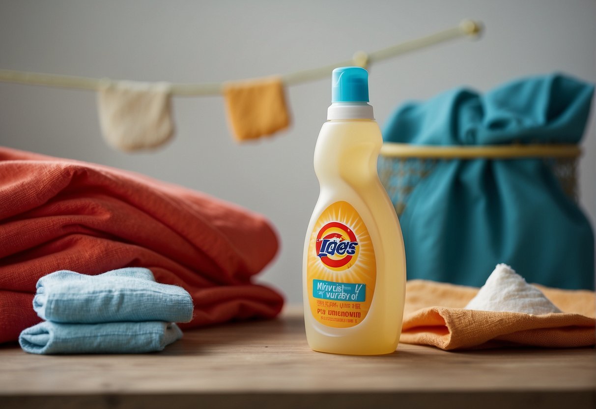 A baby detergent bottle sits next to a pile of laundry. A red, irritated patch of skin is shown on a fabric swatch