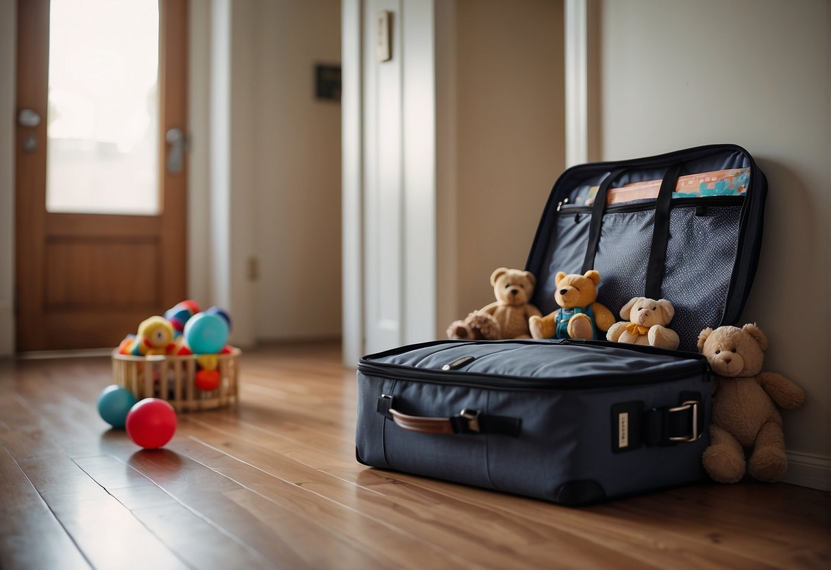 A suitcase sits by the door, filled with toys and clothes. A calendar marks the week ahead. An empty high chair and crib wait in the background