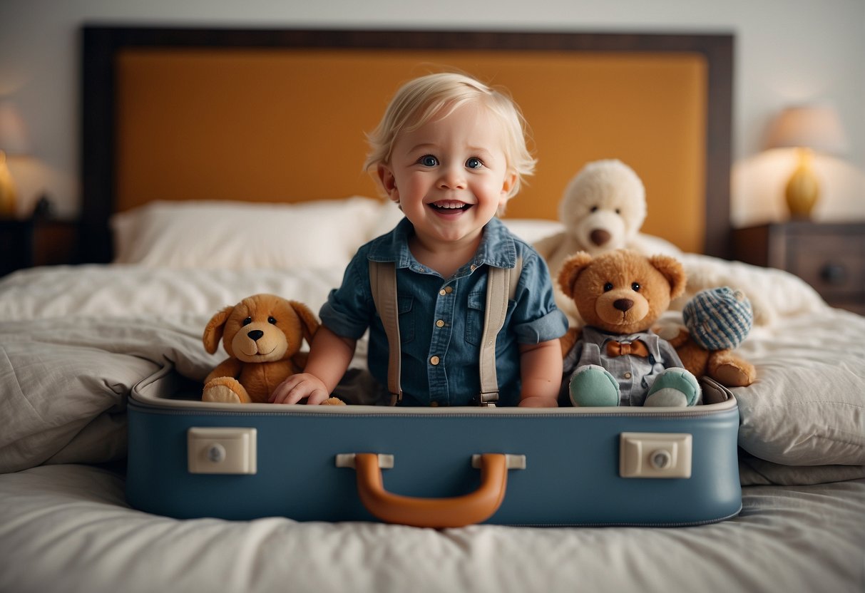A suitcase open on the bed, filled with toddler's clothes and toys. Grandparents smiling, holding out their arms. Toddler looking curious and excited