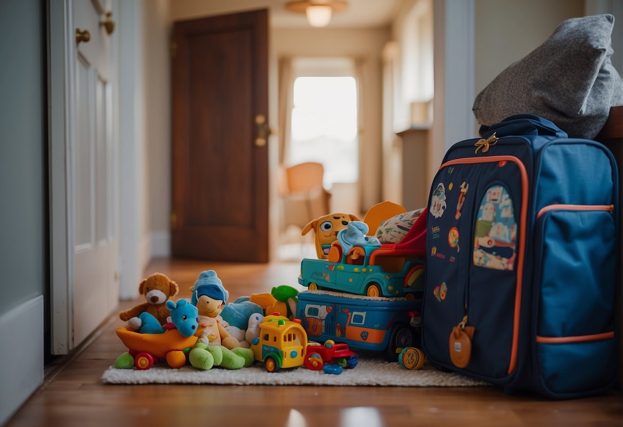 A suitcase packed with toys and clothes sits by the door. A calendar on the wall marks the days. A car pulls away from a cozy house, leaving a toddler in the care of smiling grandparents
