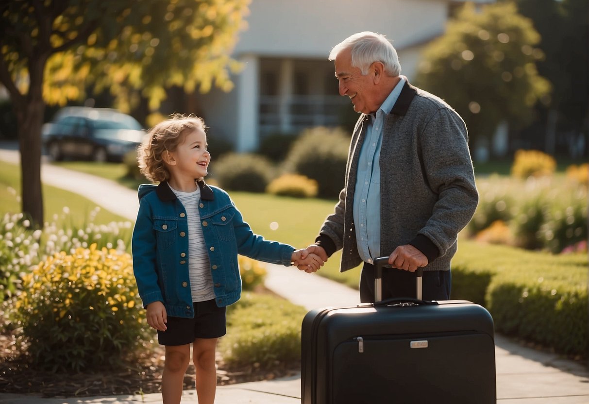 A toddler waves goodbye to grandparents as parents leave for a week. Phone and suitcase in hand, they exchange smiles and waves