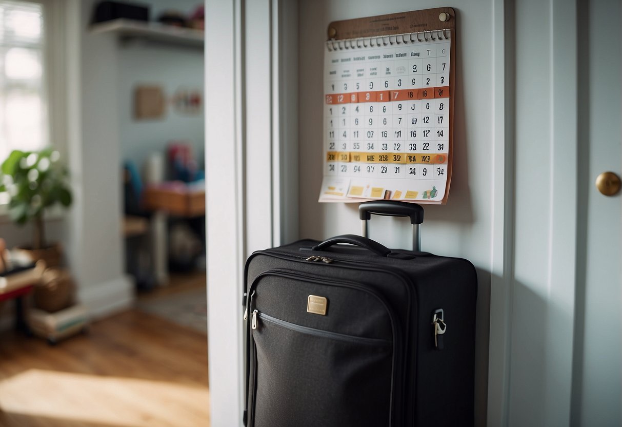 A suitcase packed with toys and clothes sits by the door. A calendar with dates circled hangs on the wall. A list of emergency numbers is posted on the fridge