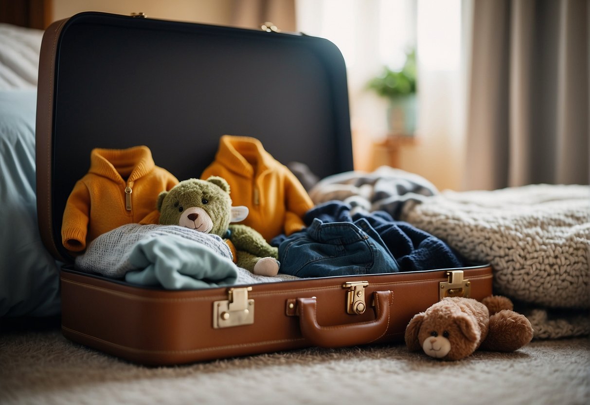 A toddler's toys and clothes neatly packed in a small suitcase, placed next to a cozy bed in a warm and inviting grandparents' home