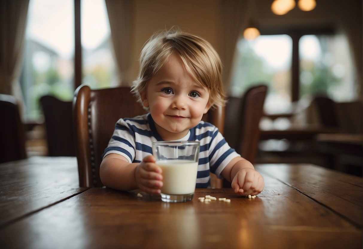 A 3-year-old sits at the table, refusing to eat but happily drinking a glass of milk
