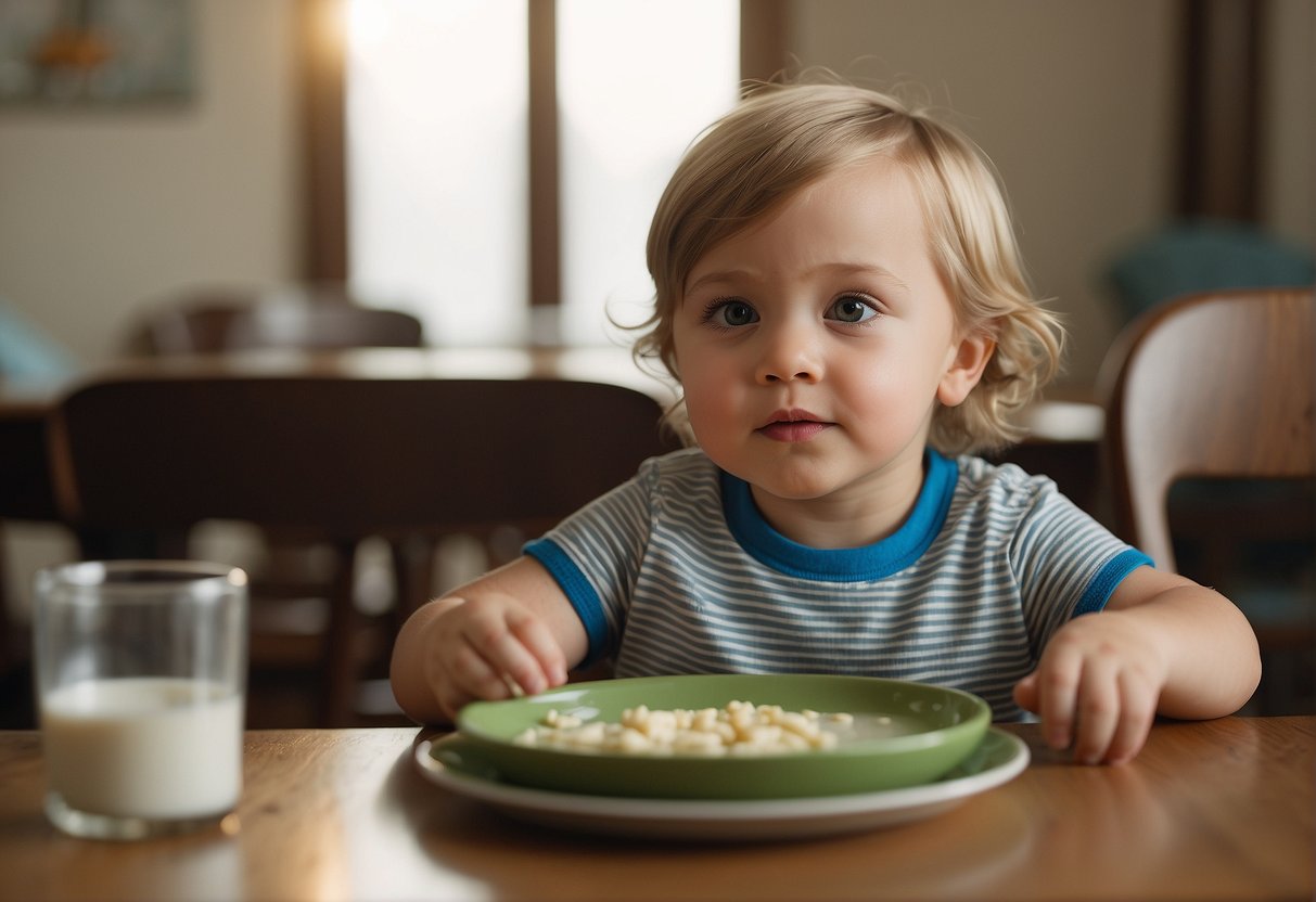 A 3-year-old sits at a table, pushing away food and only sipping on a cup of milk. The child's plate remains untouched as they stare off into the distance