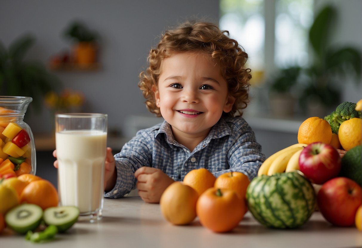 A 3-year-old sits at a table with a full glass of milk, surrounded by colorful fruits and vegetables. A smiling adult offers a variety of healthy foods