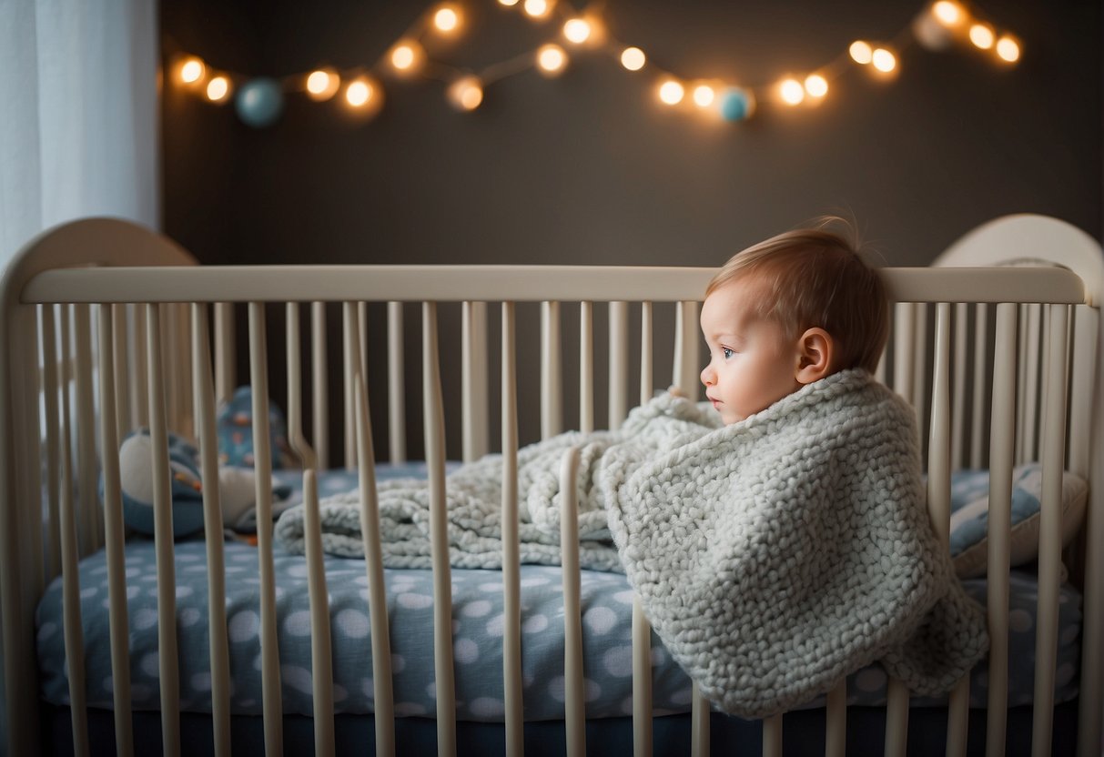 A blanket covers a crib with a toddler inside, partially blocking the air