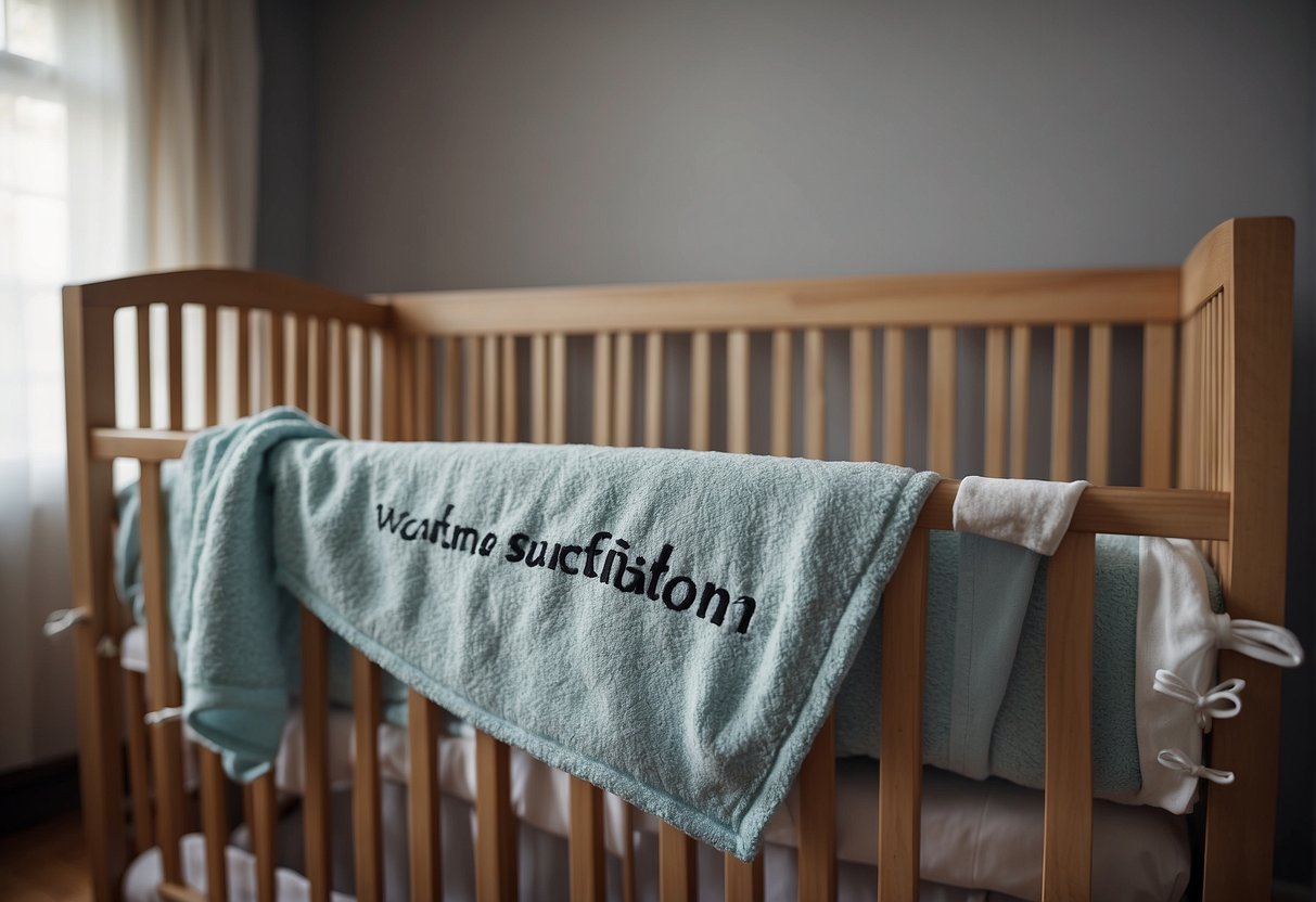 A blanket covers a crib with a warning sign about suffocation