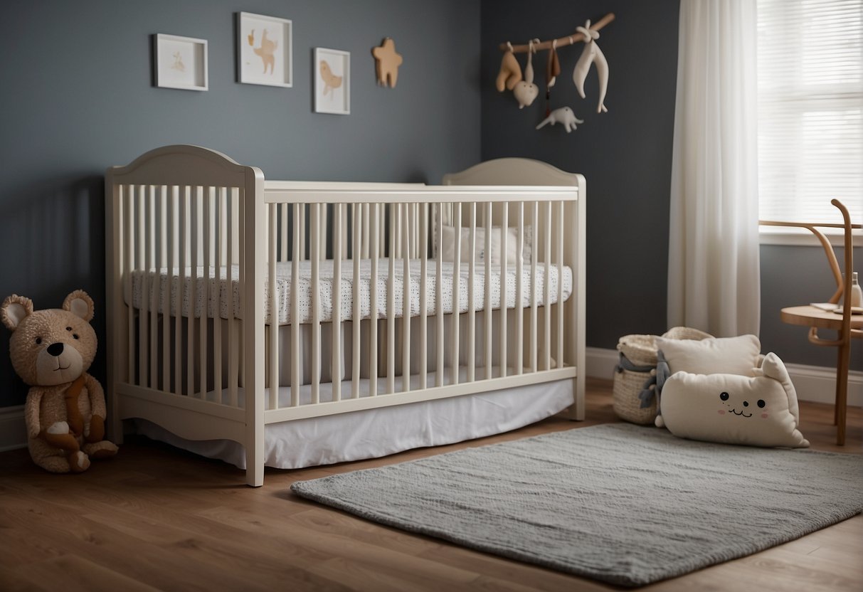A crib with a fitted sheet, firm mattress, and no loose bedding. No pillows, blankets, or stuffed animals. Safe sleep guidelines poster on the wall