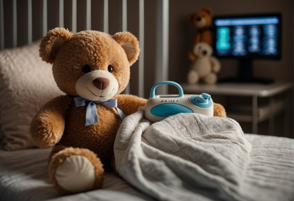 A blanket covers a crib, with a teddy bear inside. A monitor displays vital signs, and an emergency kit sits nearby