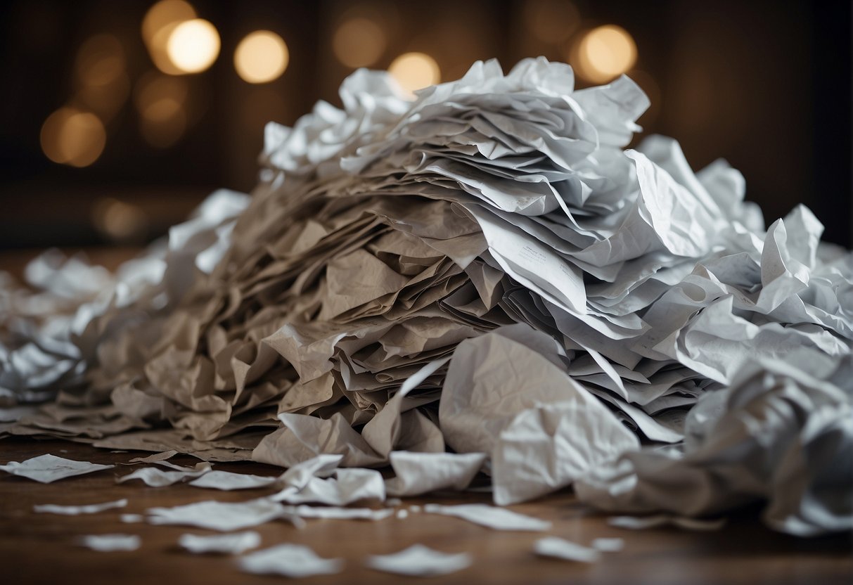 A pile of crumpled paper sits on a table, surrounded by discarded scraps. A warning sign with a crossed-out paper symbol is posted nearby