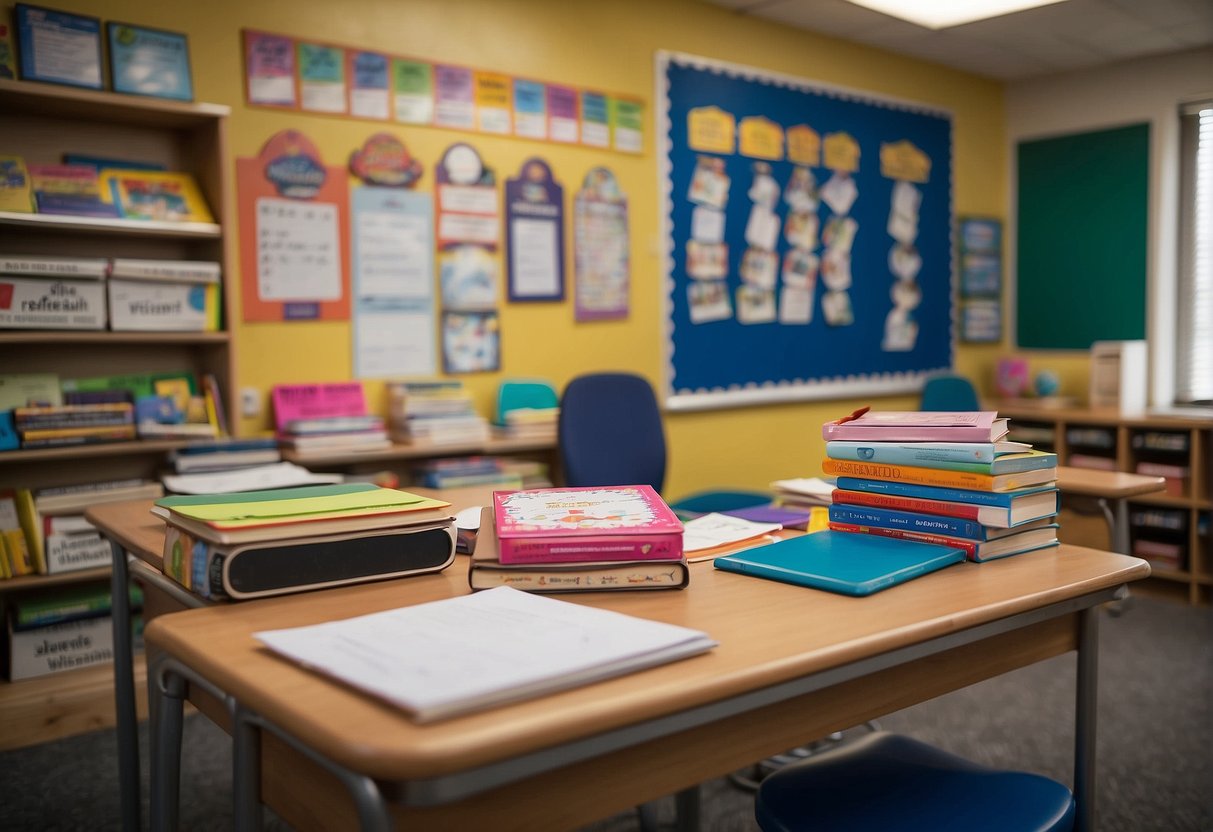 A colorful classroom with shelves of books, educational posters, and age-appropriate learning materials. A teacher's desk with a stack of worksheets and a whiteboard displaying helpful resources for second graders