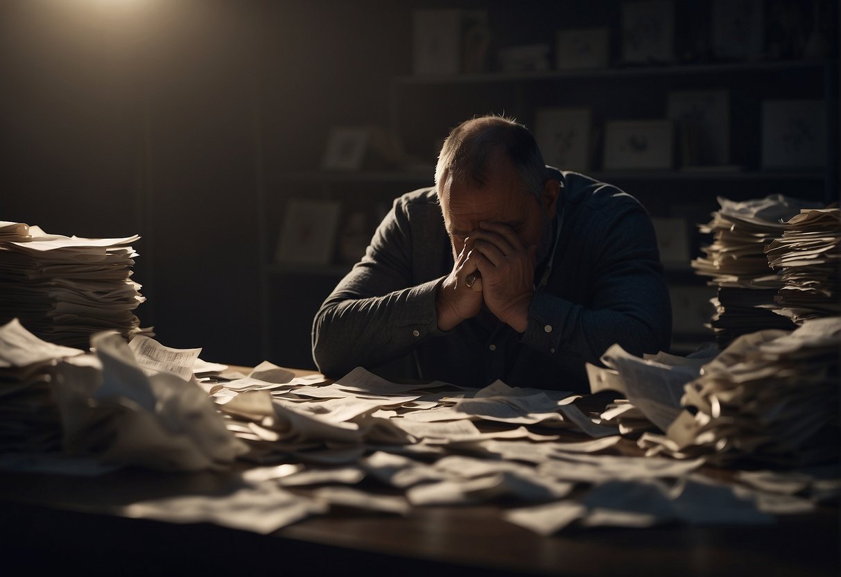 A distressed figure sits in a dimly lit room, head in hands, surrounded by scattered papers and an empty bottle
