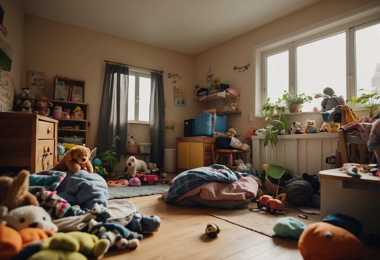 A child's messy room with toys and clothes scattered everywhere, while a neglected plant wilts in the corner