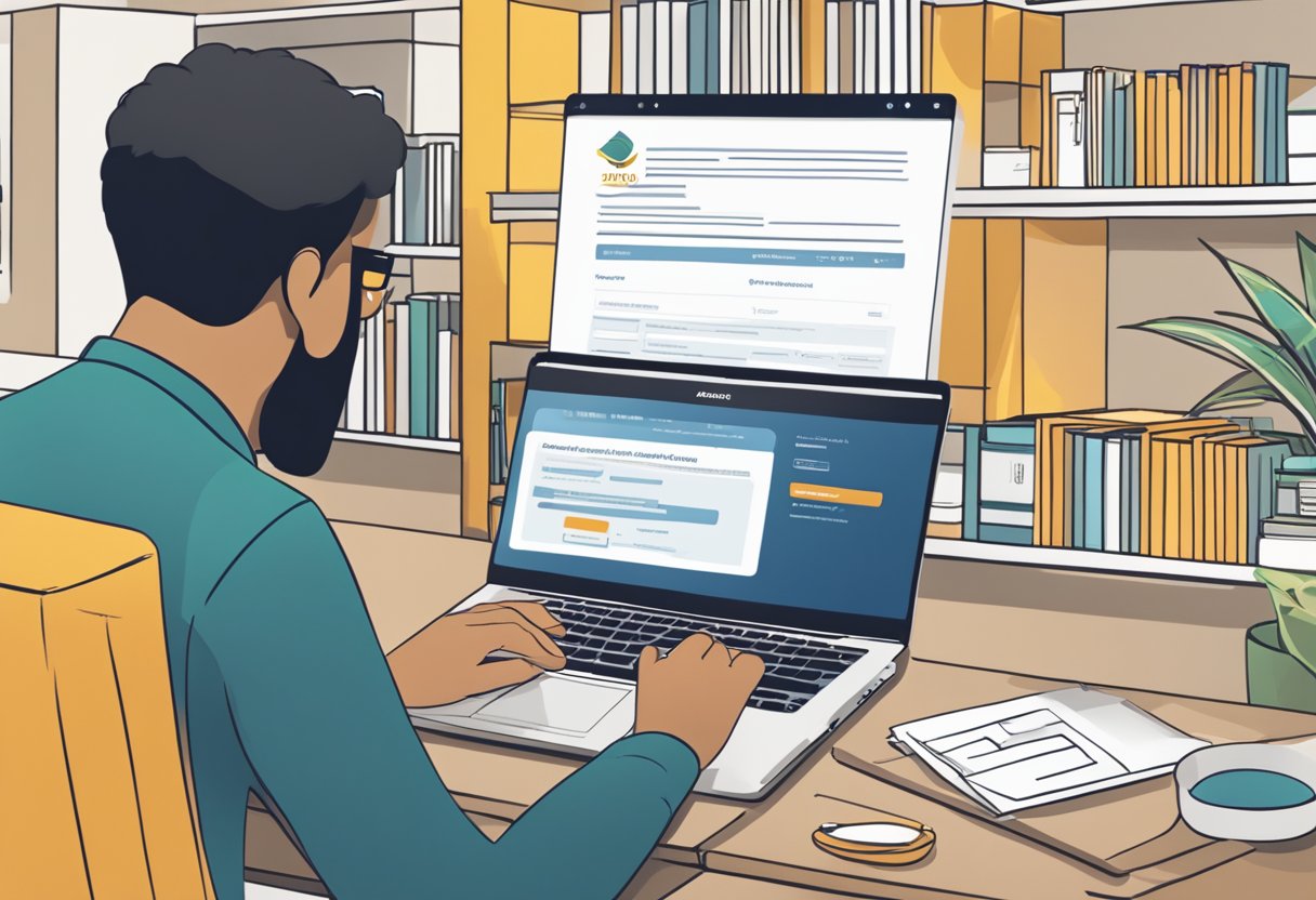 A laptop displaying the Amazon Associates Program website, with a person filling out the eligibility form and a bookshelf in the background