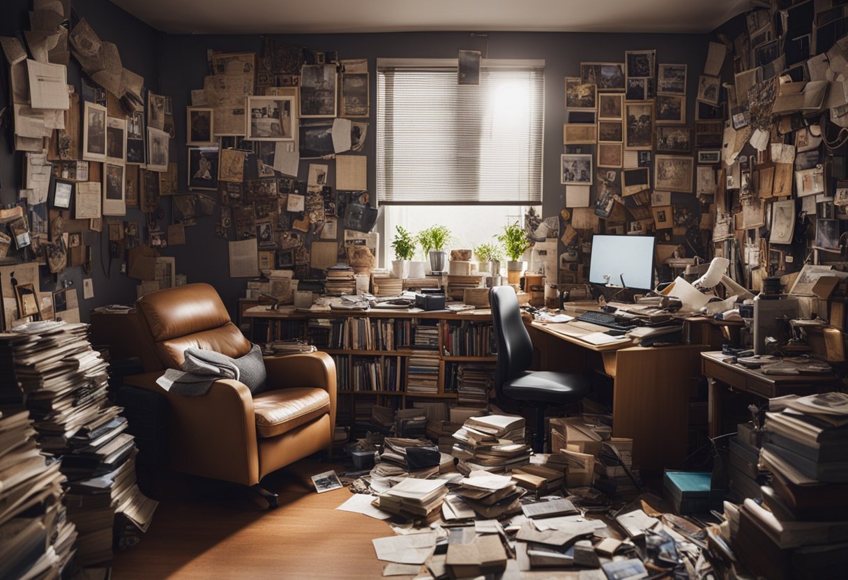 A cluttered room with scattered papers, books, and art supplies. Walls adorned with mismatched posters and artwork. Disarrayed furniture and tangled cords add to the chaotic atmosphere