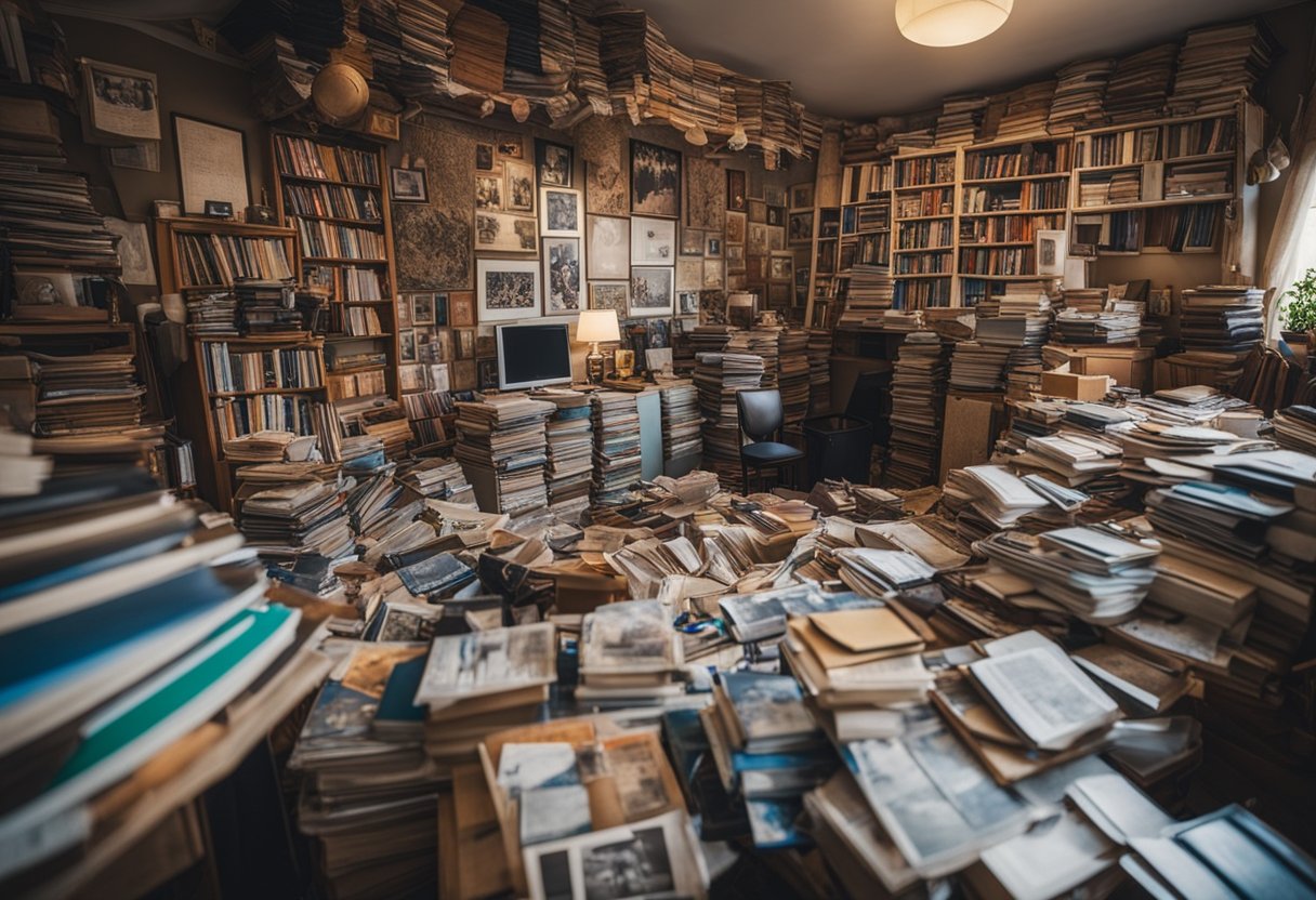 A cluttered room with scattered papers, books, and art supplies. Walls adorned with mismatched posters and tapestries. Overflowing shelves and a chaotic mix of colors and patterns