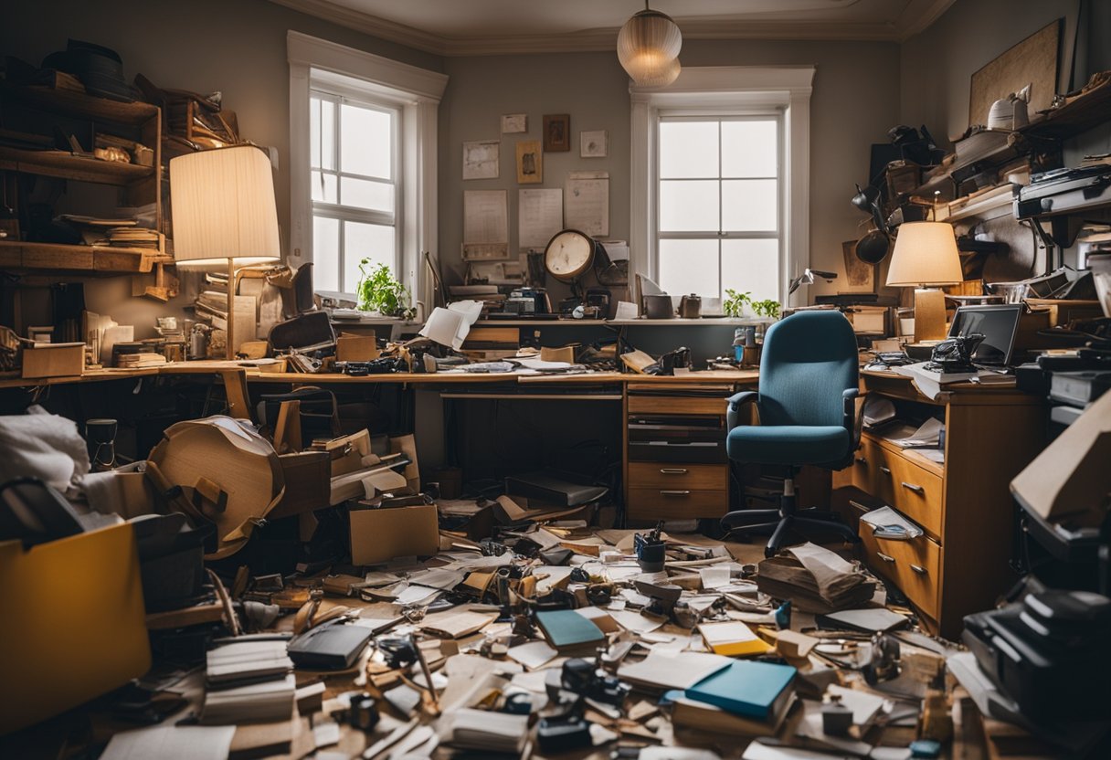 A cluttered room with scattered tools, papers, and mismatched furniture. The disarray creates a chaotic yet intriguing aesthetic