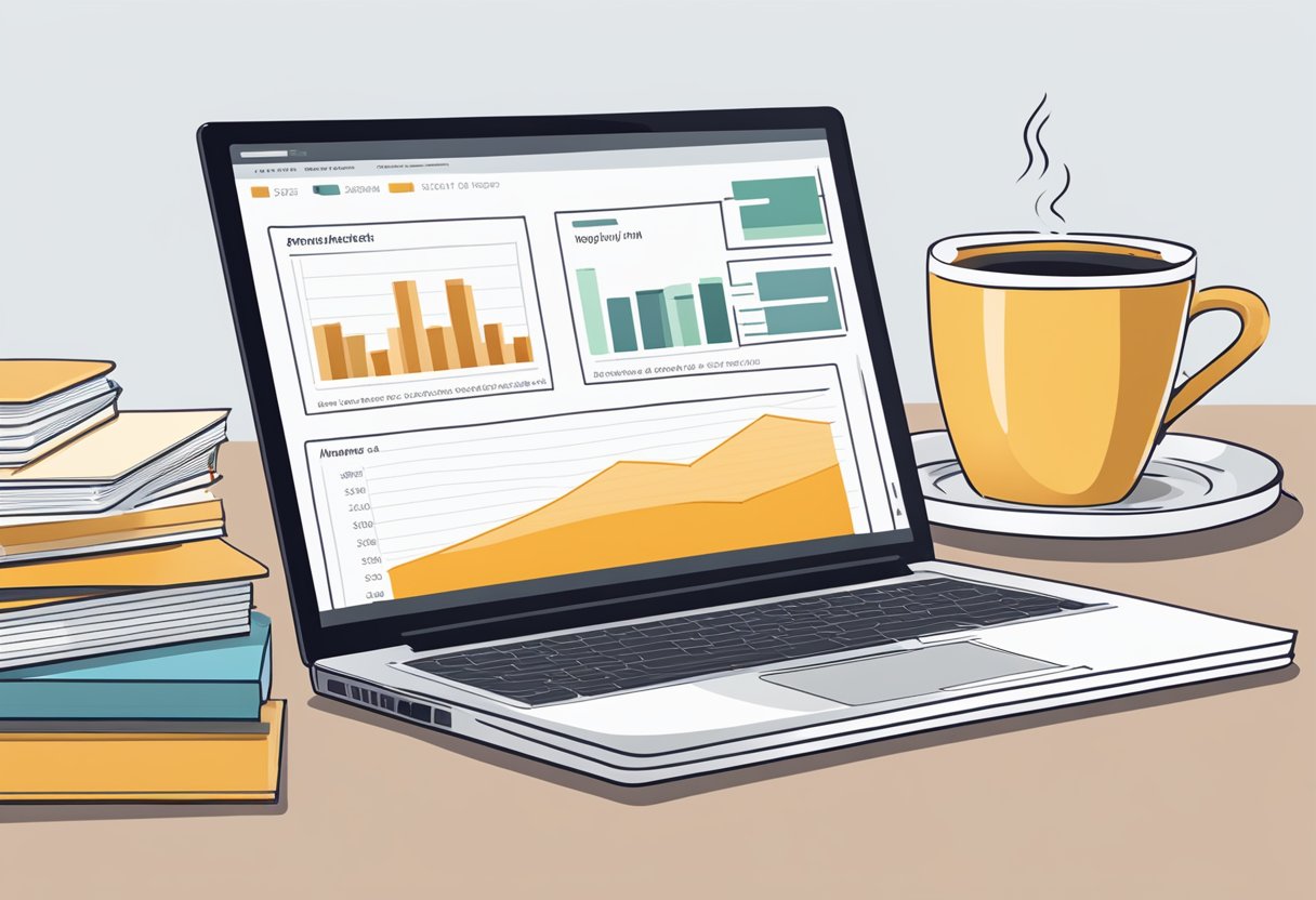 A laptop displaying Amazon's affiliate program dashboard with a graph showing increasing earnings. A stack of books and a cup of coffee nearby