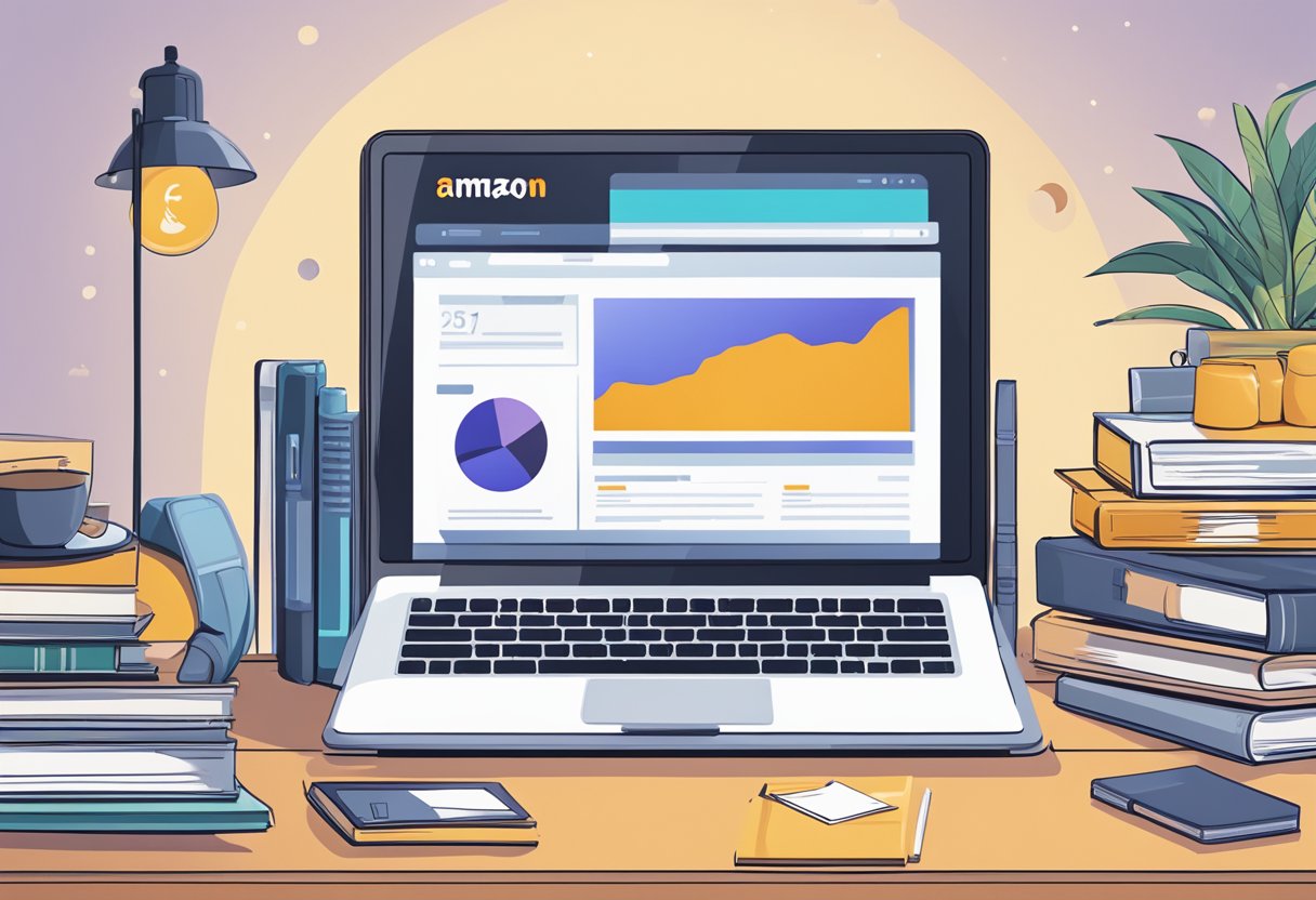 A laptop displaying the Amazon Affiliate homepage, surrounded by various products, with a stack of books on affiliate marketing in the background