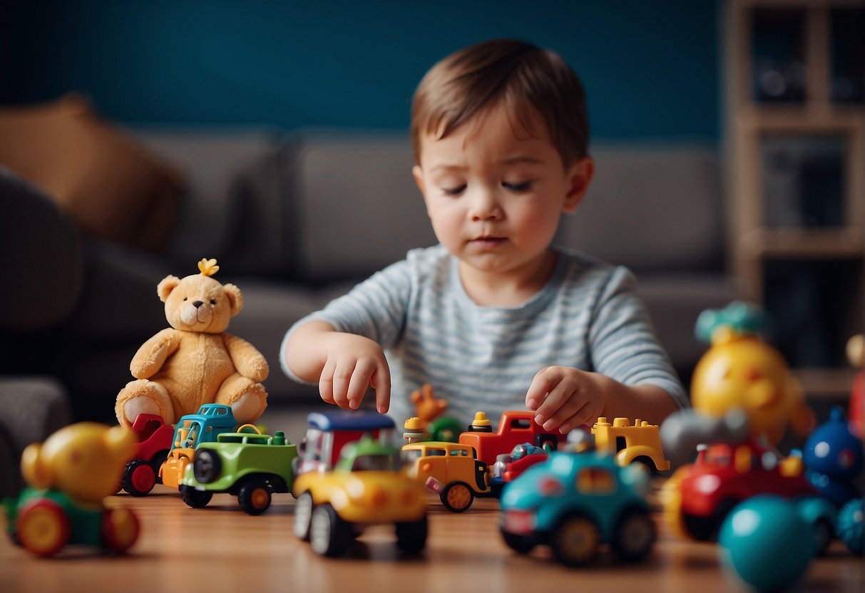 A child playing with toys, showing curiosity about their own body