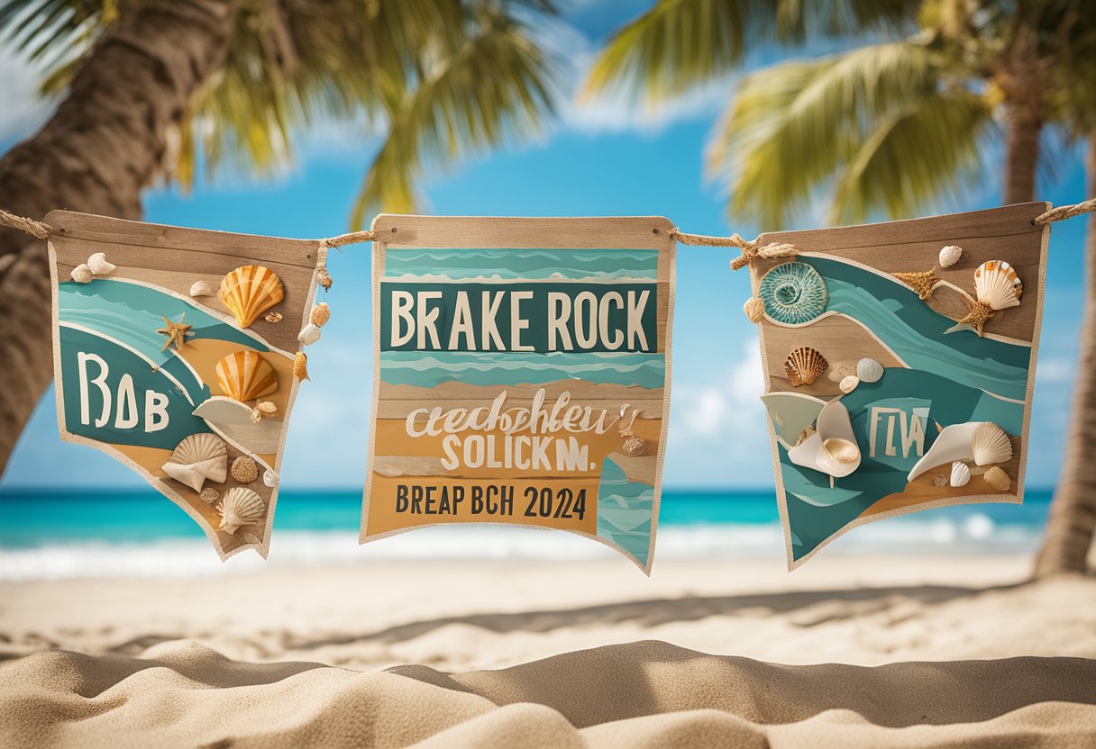 Colorful banners flutter in the ocean breeze, framing a sandy beach dotted with seashell and driftwood decorations. A large sign proclaims "Breaker Rock Beach VBS 2024" in bold, playful lettering