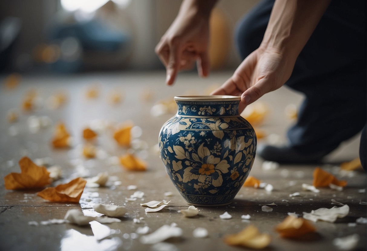 A broken vase lies shattered on the floor, surrounded by scattered pieces. A figure stands nearby, holding out a hand in a gesture of apology