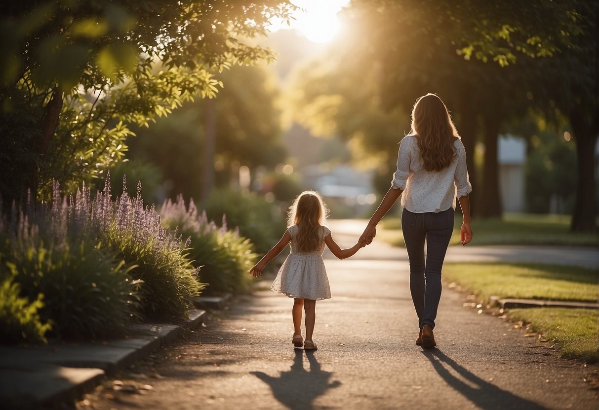 A woman walks alongside a young girl, offering a comforting hand. The setting is peaceful, with soft sunlight and a gentle breeze. The woman's expression is one of understanding and compassion