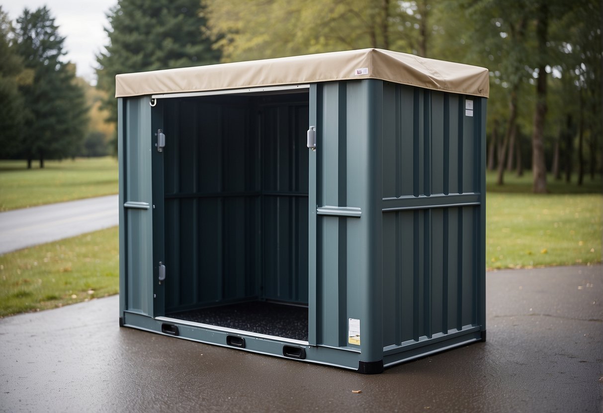 Outdoor storage unit with a sturdy, waterproof cover. Rain and snow slide off easily. Secure latches keep contents dry and protected