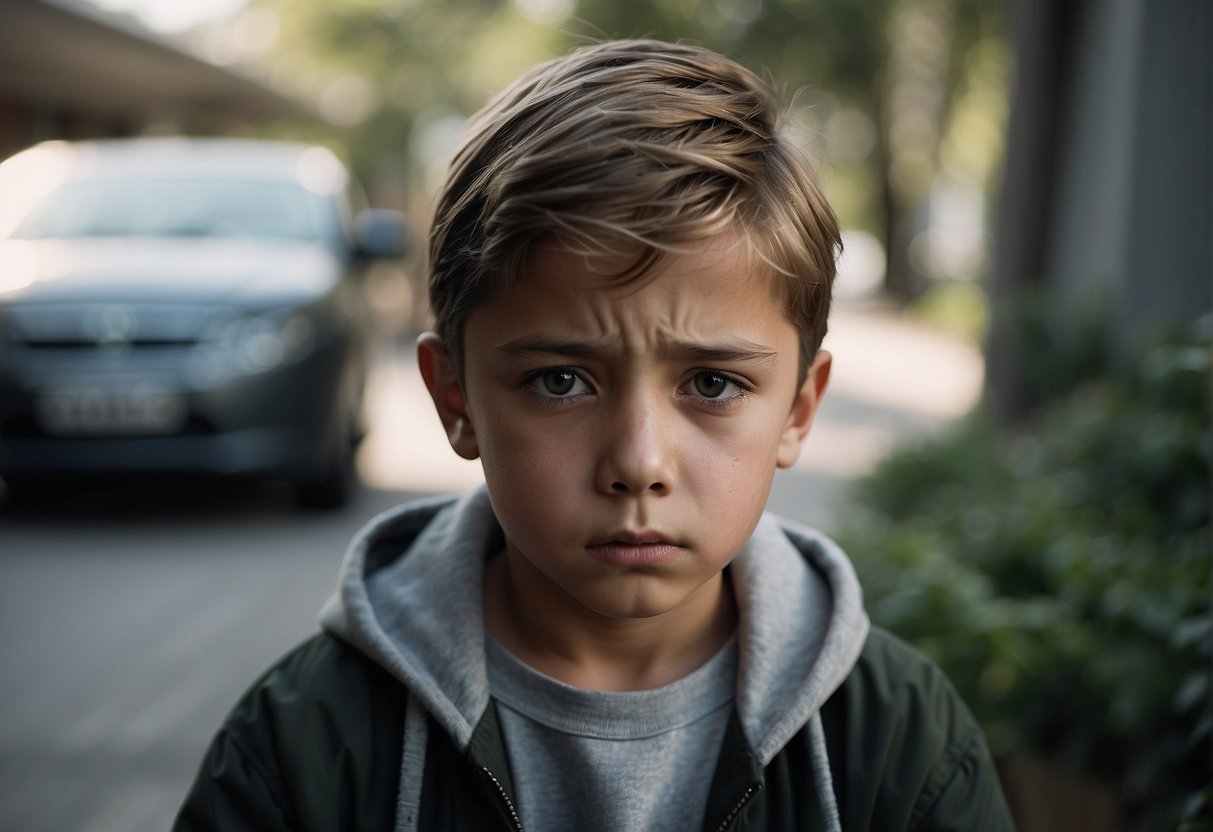A young boy sits alone, surrounded by conflicting emotions. His face shows a mix of anger, sadness, and confusion as he struggles with his feelings towards his stepfather