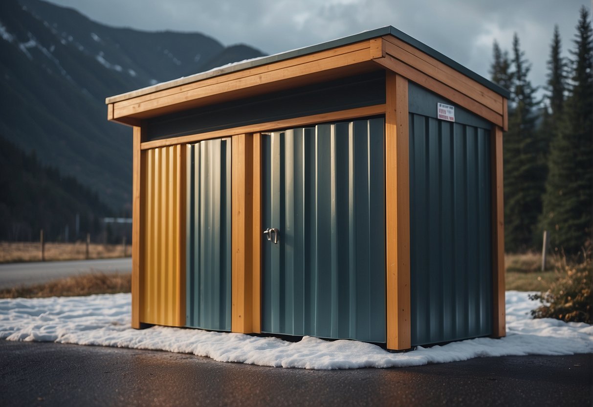 A sturdy outdoor storage unit stands against a backdrop of changing weather, with rain, snow, and sun all impacting its construction and materials