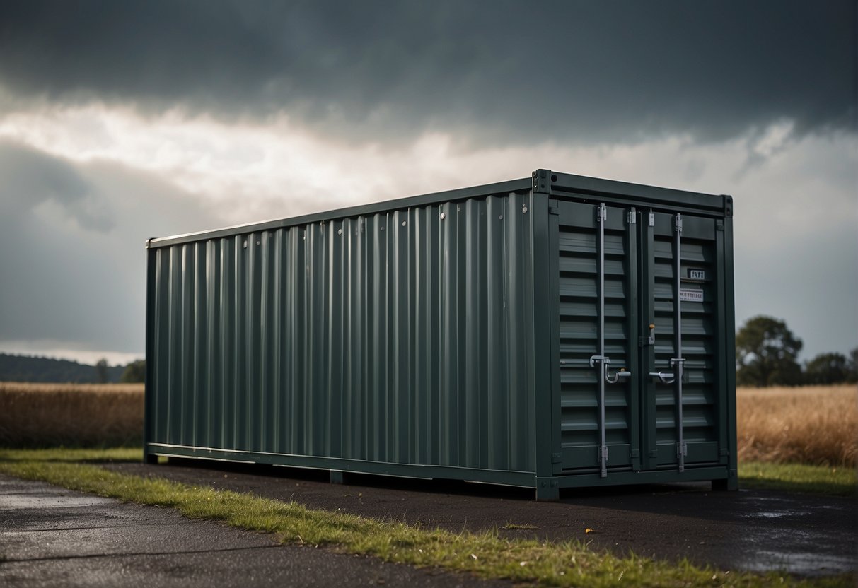 A sturdy outdoor storage unit sits against a backdrop of changing weather conditions. Rain, wind, and sun beat down on the structure, but it remains intact and protected