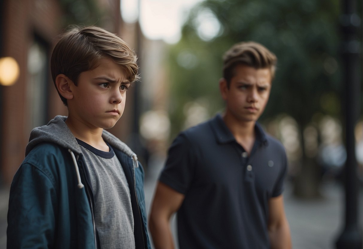 A boy scowls at a man in the background. A list of "Frequently Asked Questions" about their relationship is in the foreground