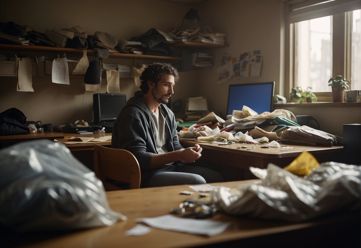 A disheveled room with scattered clothes and empty food wrappers. A frustrated parent sits at a cluttered desk, surrounded by unfinished homework and a broken smartphone
