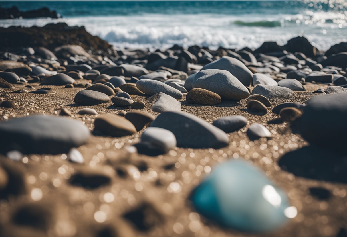 A rocky beach with VBS 2024 decorations scattered among the rocks, waves crashing in the background