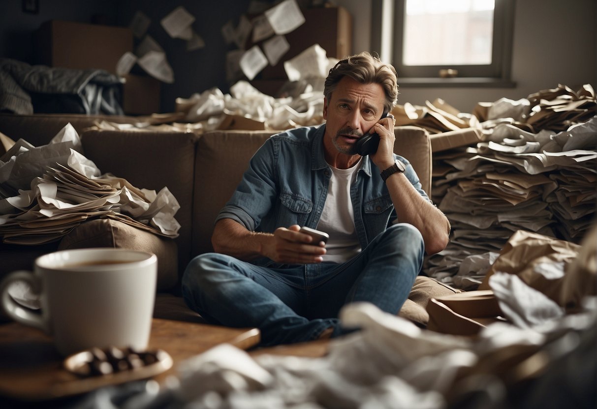 A distressed parent sitting in a cluttered room, surrounded by crumpled papers and empty coffee cups, reaching out for a phone with a look of desperation on their face