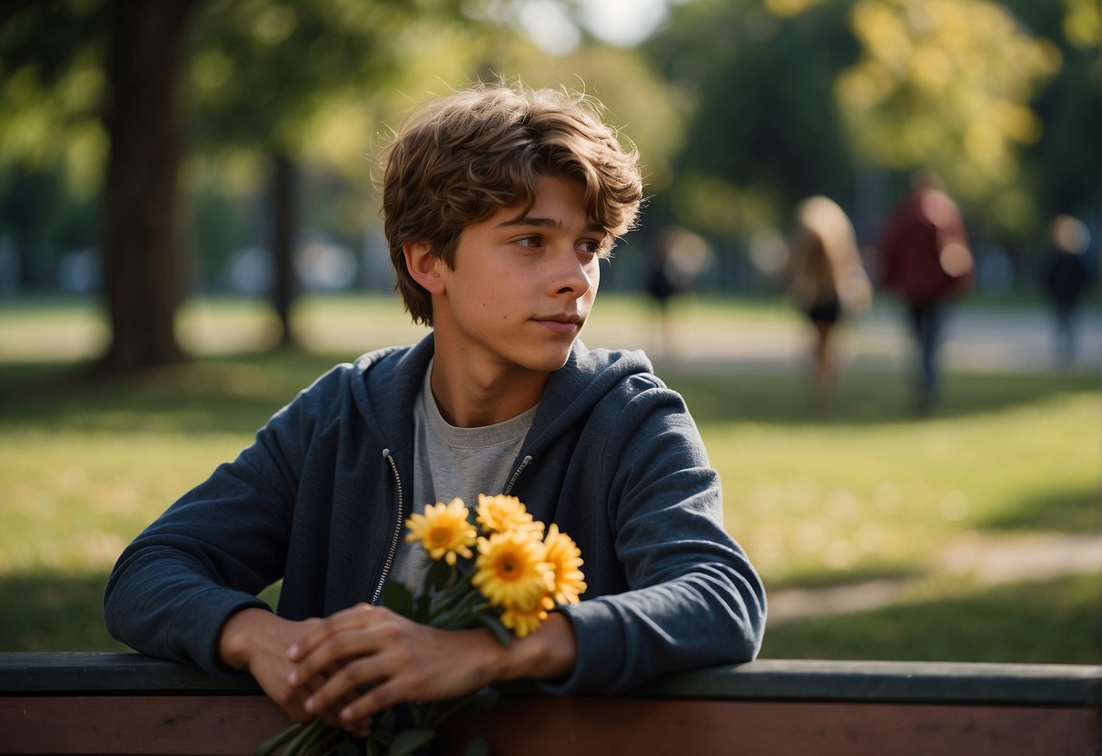 A teenage boy sits alone on a park bench, staring wistfully at couples walking by. He clutches a bouquet of flowers, his face a mixture of hope and longing