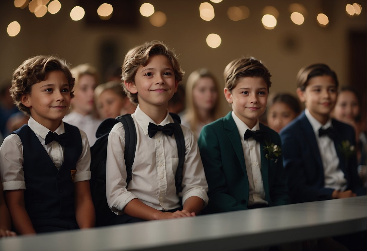 A young boy sits alone at a school dance, watching his classmates dance and laugh with their partners. He looks down at his hands, feeling isolated and left out