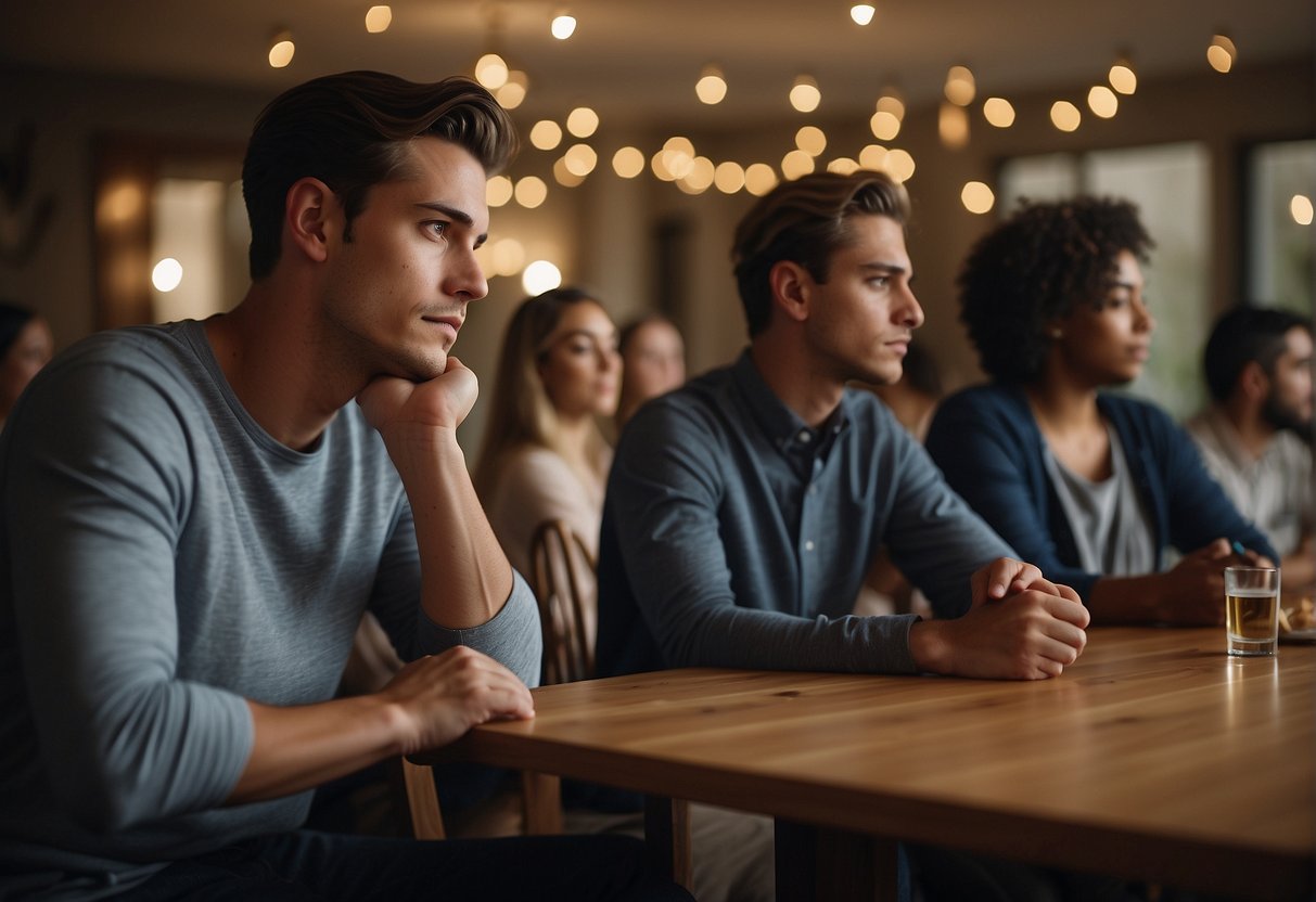 A young man sits alone at a family gathering, while his relatives ask about his love life. He looks uncomfortable and avoids eye contact, feeling the pressure of their expectations