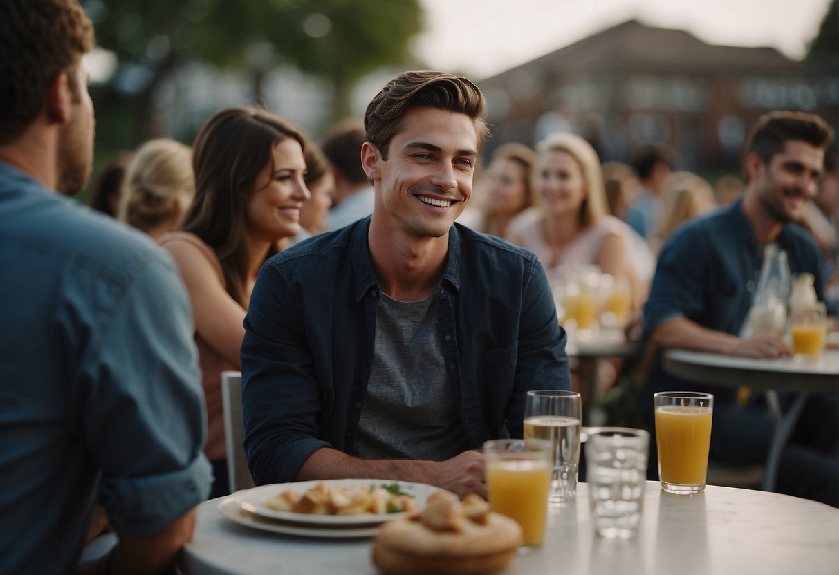A young man sits alone at a crowded social event, looking uncomfortable and out of place. Other couples laugh and chat, but he remains on the outskirts, feeling isolated and disconnected