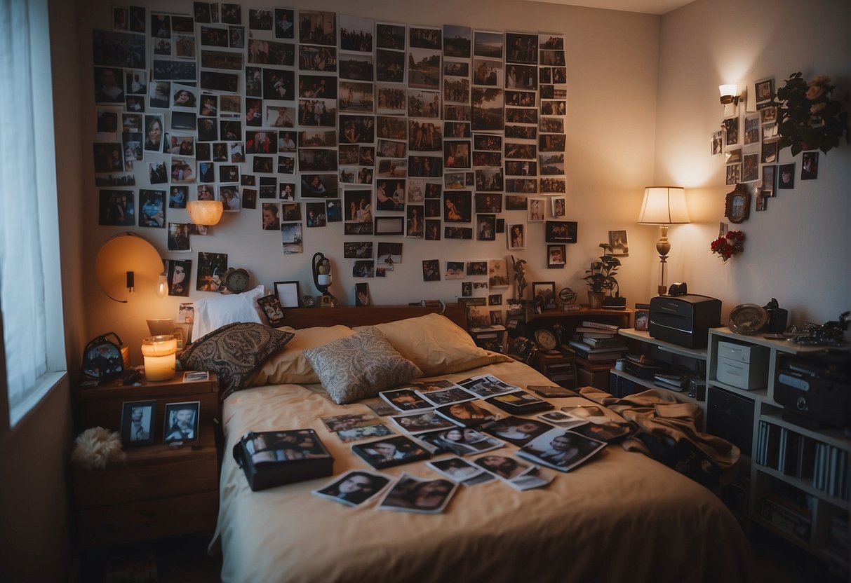 A young man's room filled with photos and mementos of his girlfriend, a shrine of obsession