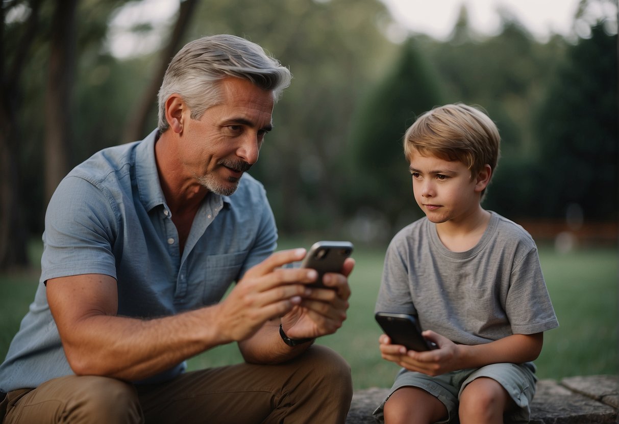 A father gestures towards his son's phone, while the son looks away, engrossed in conversation with his girlfriend