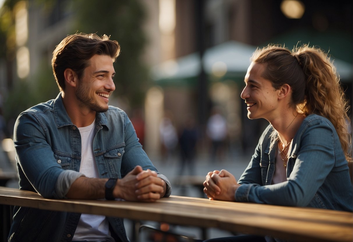 A young man and woman sit facing each other, smiling and engaged in conversation. The atmosphere is warm and supportive, with an emphasis on open communication and mutual respect
