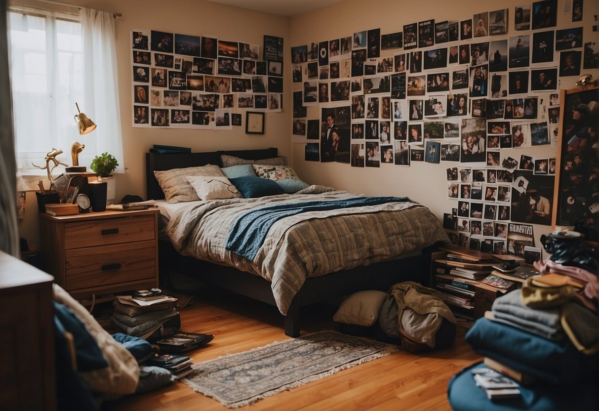 A teenage boy's room cluttered with photos and mementos of his girlfriend, a constant topic of conversation with his friends