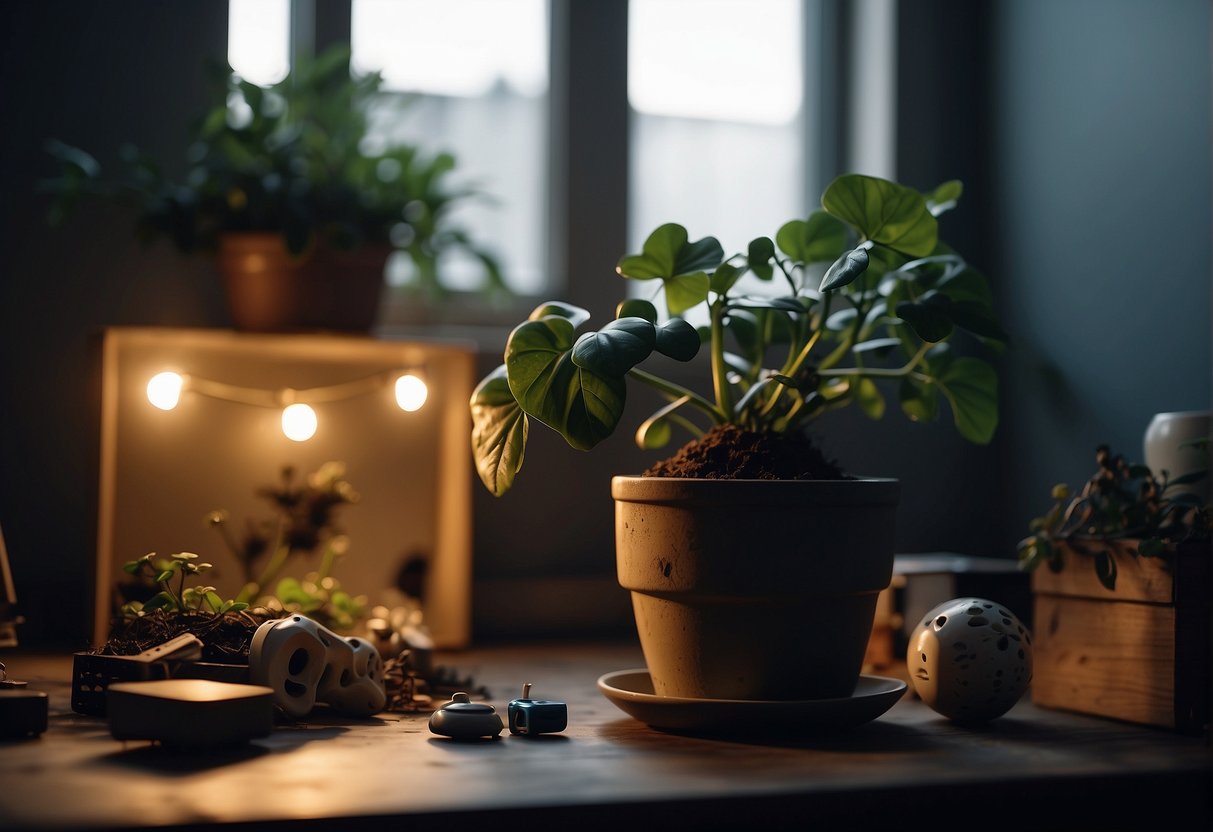 A neglected potted plant wilting in a dimly lit room, surrounded by scattered toys and a photo frame face down on the floor