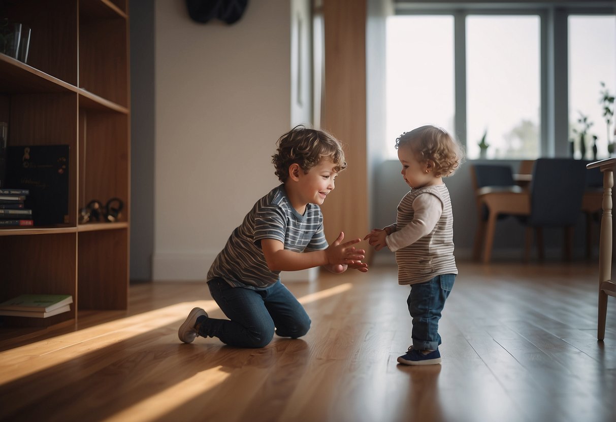 A child playing alone while a parent looks on with a sad expression