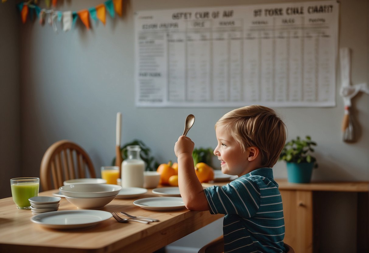 A child sets the table for dinner, placing plates and utensils in their proper places. A chore chart on the wall lists tasks completed