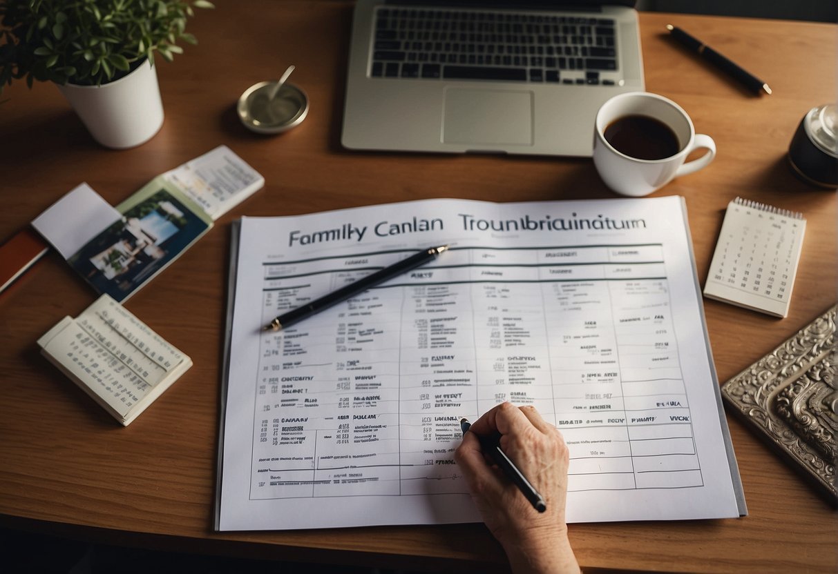 A parent writing a long-term plan on a desk with family photos and a calendar in the background